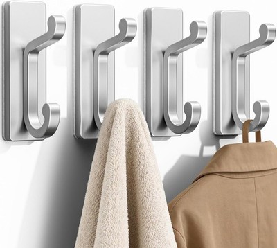 Silver Self Adhesive Hooks - Stick on Hanger for Coats, Hold 13Lbs 4 Pack.