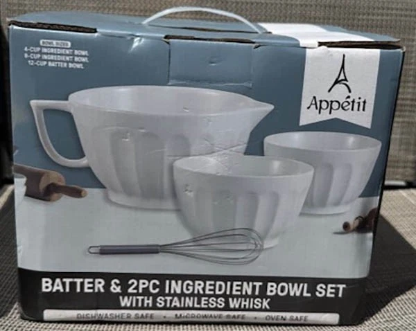 Appetit Batter & 2 PC Ingredient Bowl Set with Stainless Whisk - NIB
