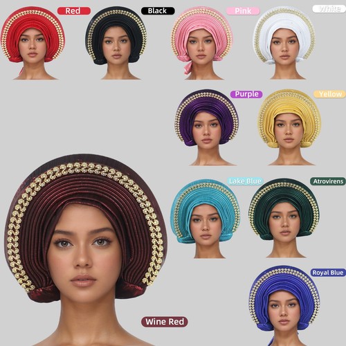 Women Hijab Cap Aso Oke African Headtie Auto Gele Nigerian Wedding Hat Head Wrap - Picture 13 of 34