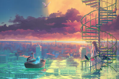 Anime girls vofan cityscape sky stairs birds cats playmat gaming mat