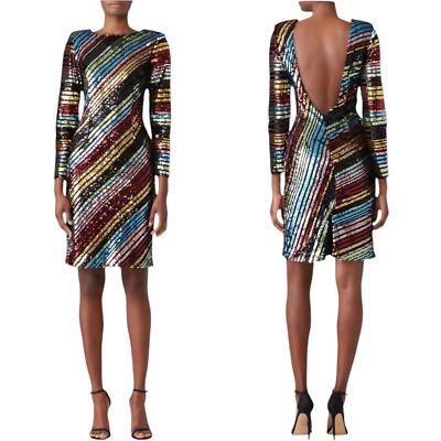 alcoolique sequin dress Alcoolique Black Pink Blue Multi-Color Striped Sequin Midi Dress 38 Small S