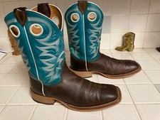Justin Made in USA Square Toe Western Cowboy Brown Blue Leather Boots 11 M