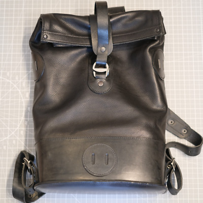 Kasperi Black Fold Top Leather Backpack Motorcycle Hiking Travel - Brand New