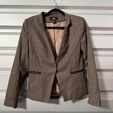 H M Blazer Jacket Womens 8 Brown Houndstooth Lined Long Sleeve Single Breasted