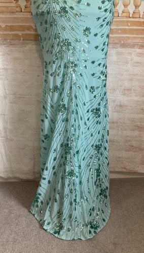 Dress 14 Green Sequin QUIZ Ballgown Fishtail Train Stretch Evening Crossback - Picture 6 of 9