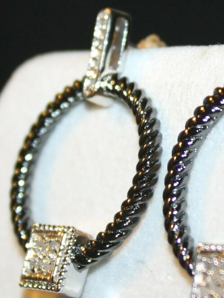 CUERDA TRENZADA OXIDADA PLATA ESTERLINA DIAMANTE GENUINO (.20TCW) ARO DELANTERO COLGANTE Foto 4 de 4