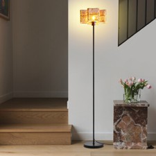 Retro LED Lamp with Hand-Worked Rattan Shade Lampshade  Tall Lamp w/ Foot Switch