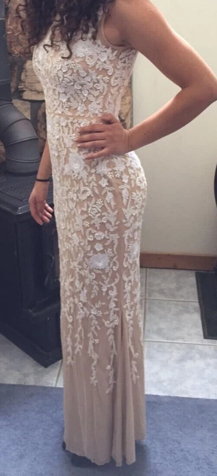 NWT Badgley Mischka Champagne Gown $990 Original Retail - Sequins Beads Size 10 - Image 2 of 4