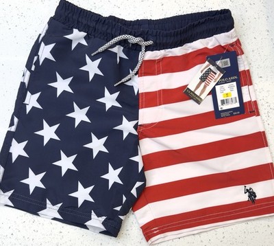 U.S. Polo Assn. Boys Swim Trunks Board Shorts Size M 8 USA Flag Patriotic NWT