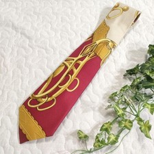 Hermes 100 Silk Tie Bordeaux Gold 9cm Wide Classic Scarf Pattern Used