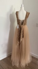 Gold Solid Sequin Tulle Long Gown Square Neck Lace Up Corset Lined size M