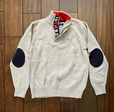 Tommy Hilfiger Sweater Knit Quarter Zip Elbow Patch Gray Turtle Neck Boys 12-14