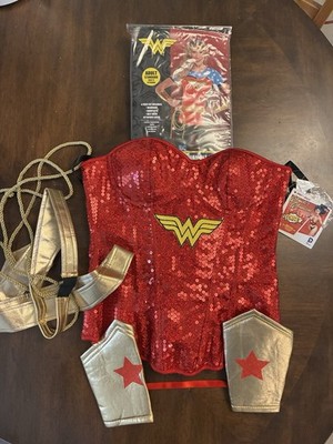 DC Wonder Woman Sequin Corset Rubies Adult S/M  & 4 Piece Kit Gauntlet Lasso