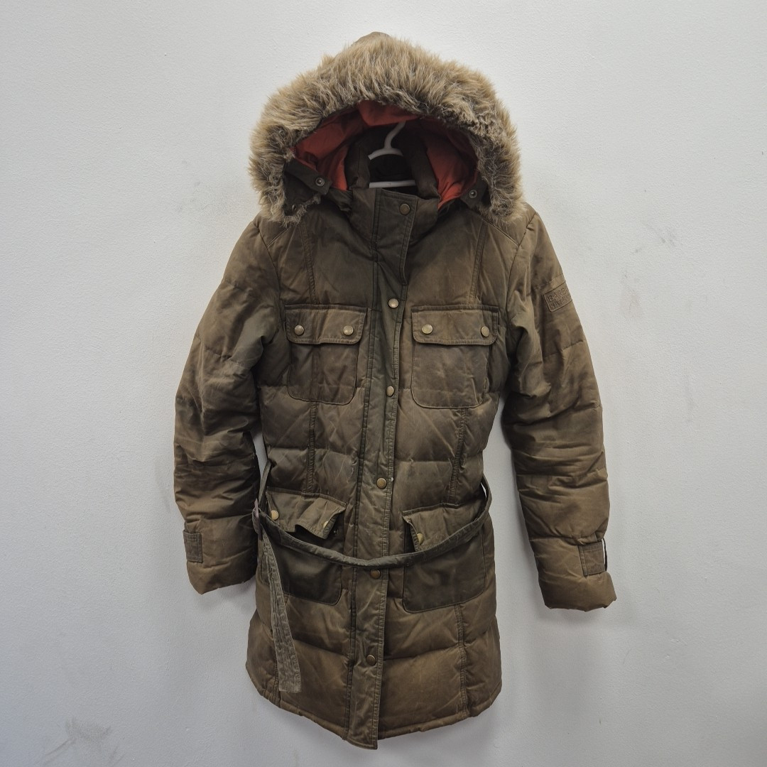 Barbour Storm Down Filled Waterproof Wax Fur Hooded Brown Parka Jacket Coat UK 8