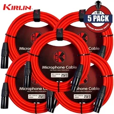 5-PACK Kirlin 25FT 3-Pin XLR Male to XLR Female 20AWG Microphone Cable Red