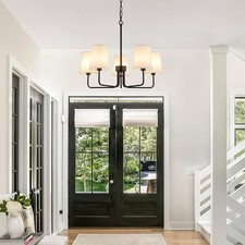 Farmhouse Chandelier Matte Black Modern 5 Light Fixture with White Fabric Shade