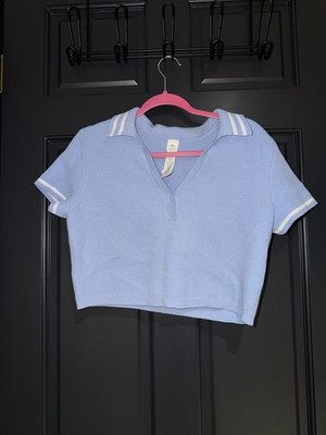Alo Yoga Tennis Club Sweater Knit Cropped Polo Seashell Blue White