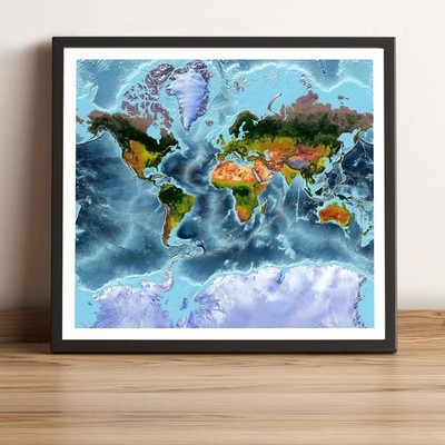 World Map, Mercator Projection World Map, Printed and Framed World Relief Map