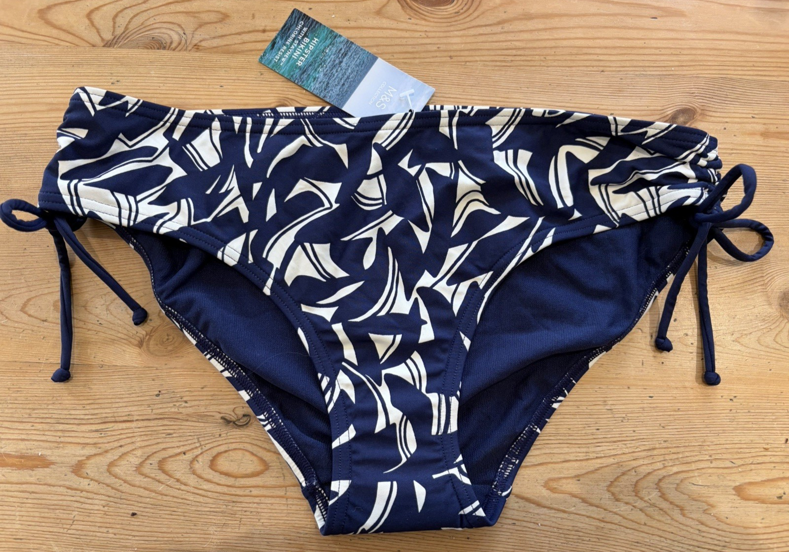 Marks & Spencer Size UK 12 Bikini Bottoms Navy Blue / Cream Adjustable M&S BNWT