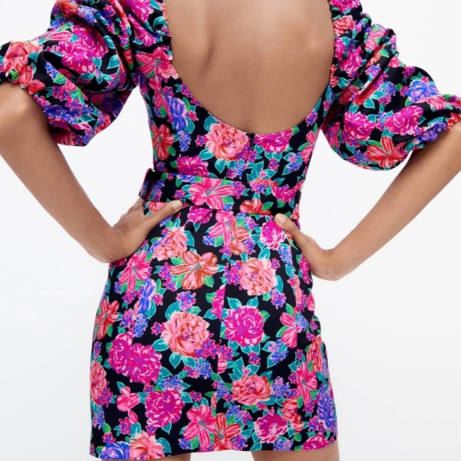 Zara Floral Belted Puff Sleeve Mini Bodycon Dress Size Xs thumbnail 11
