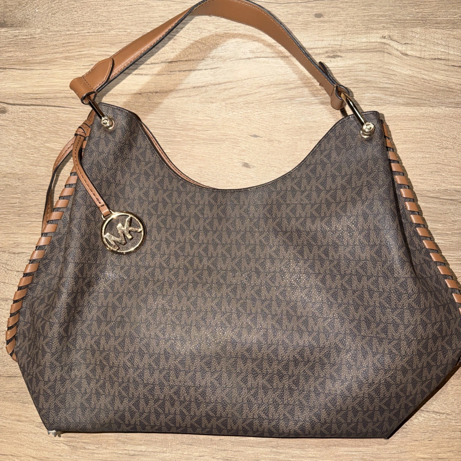 USED: MICHAEL KORS JOAN LARGE SLOUCHY SHOULDER HOBO BAG MK SIGNATURE BROWN