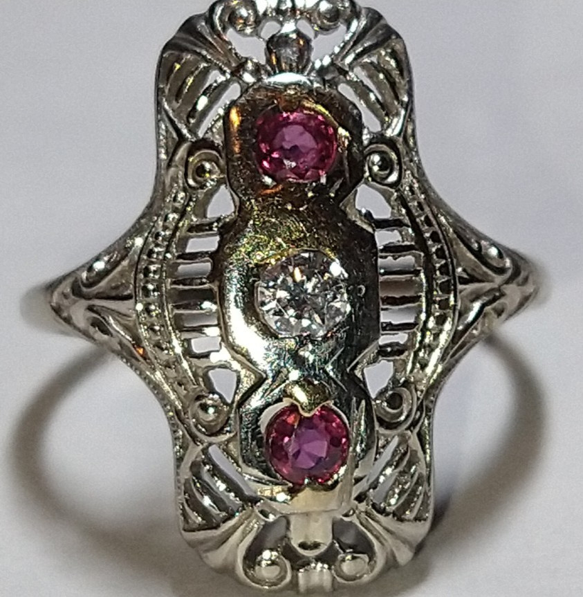 Solid 14k white gold diamond ruby ring 3.3 grams … - image 1