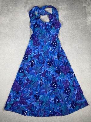 All That Jazz Dress Womens Small Blue Maxi Halter Strappy Rayon Floral