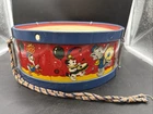 Vintage "Ohio Art" Tin Lithograph Large Toy Drum Circus Theme with Drumstick 11"