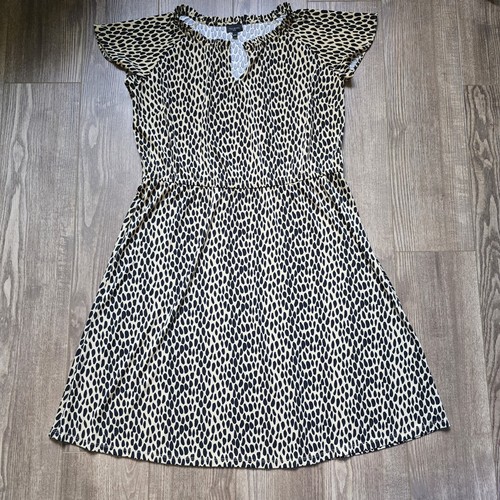 TALBOTS Dress Womens XL Petite Fit & Flare Smocked Split Neck Animal Print