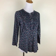 NWT LUCKY BRAND Blue Multi-Color Print Eyelet Trim Button Shirt Womens sz XS