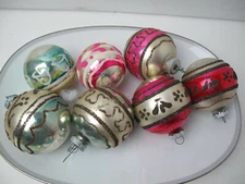 7 +2  VINTAGE COLORFUL STRIPED SHINY BRITE ORNAMENTS  MIXED SHAPES w/ MICA GLIT
