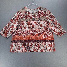 CJ Banks Top Womens 1X Multicolor Floral Boho Style 3/4 Sleeve Crew Neck T-Shirt