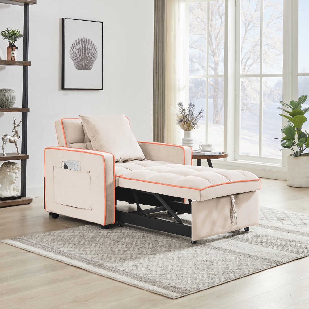 Sofa Bed Convertible Chair, Adjustable Back Recliner to Bed, Creamy White Modern