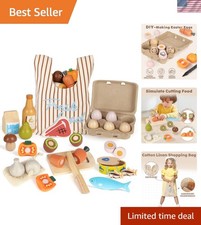 Wooden Play Food Sets for Kids Kitchen, Pretend Play Grocery Cutting Fruits...