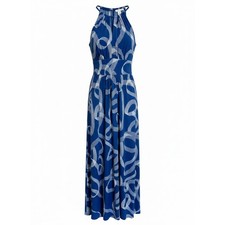 London Times Blue White Abstract Ribbon Halter Maxi Dress Sz 10 Keyhole Gown