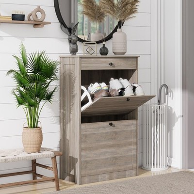 Shoe Cabinet with 2 Flip Drawers, Narrow Freestanding Shoe Storage Organizer,...
