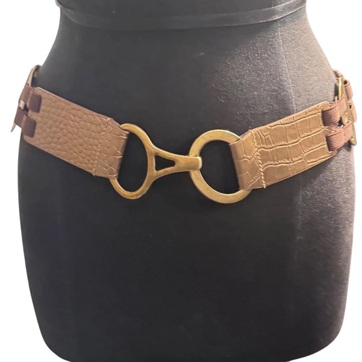 Chicos Brown Faux Leather Stretch Belt w/Embossed Rings & Gold Buckle Size Small Chico main image 4