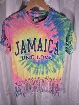 JAMAICA ONE LOVE FRINGED VINTAGE TIE DYE SHIRT/SHORTSLEEVE