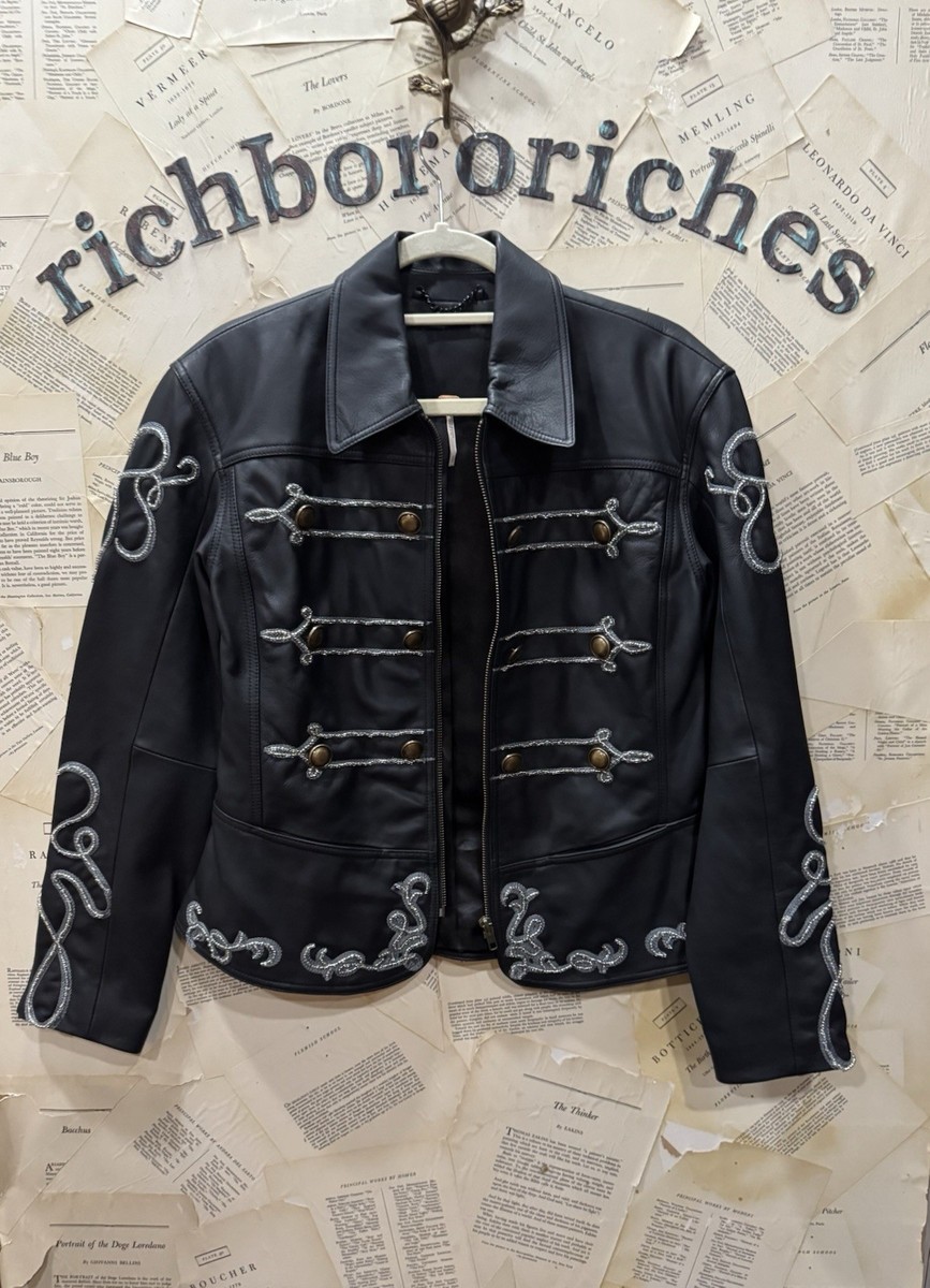 Free People Lana Leather Jacket Zip Button Embellish Rope