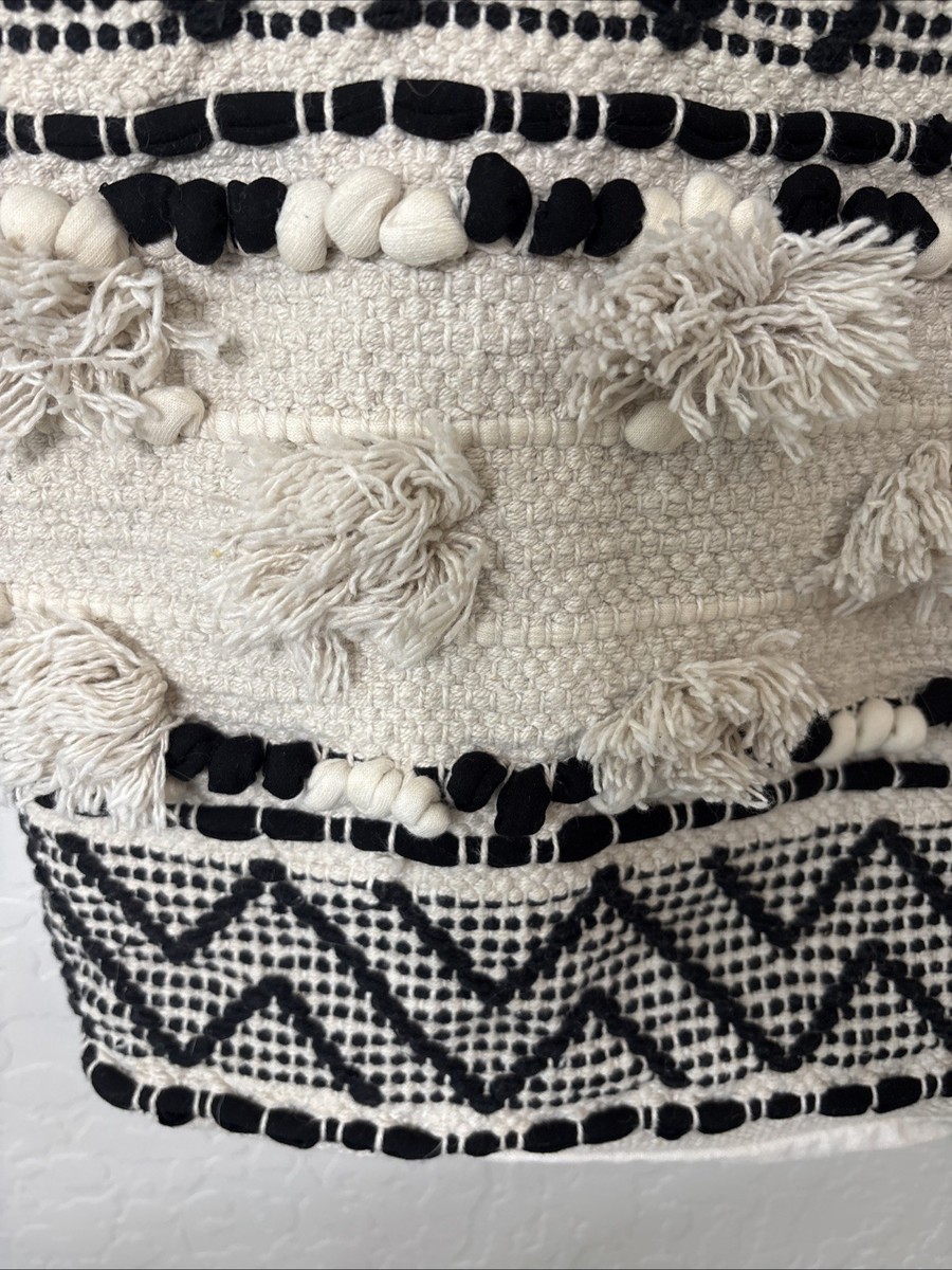 BOHO Chic Tote Purse Bag Cream Black Pom Tassel Bohemian, Hippie 100% Cotton View 3