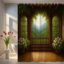 Nature Scene Shower Curtain - Green Mountain View for Bathroom Decor