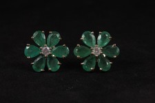 Emerald Floral Stud Earrings Natural Gemstone Flower 925 Sterling Silver Jewelry