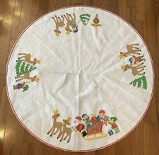 Vintage 1980's Felt Tree Skirt Table Center w/Santa Reindeer Elves Sequins 43"