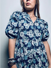 Paul & Joe x Uniqlo Navy Blue Floral Button-Down Puff Sleeve Tiered Dress