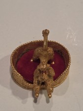 Vintage- Miniature Die Cast Metal French Poodle Dog In Bed - Gold/Red Color
