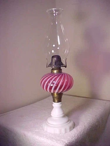 Antique Cranberry Opalescent Swirl Oil Lamp Milk Glass Fenton?