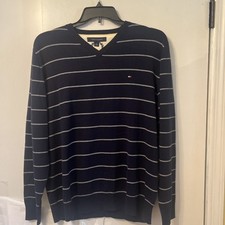 Tommy Hilfiger Men  s Large Navy Blue Striped V-Neck Sweater Pullover