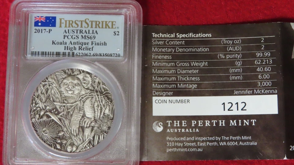 2017 Australia Koala 2 Ounces .999 Silver HIGH RELIEF PCGS ANTIQUE FINISH MS69 - Image 2 of 4