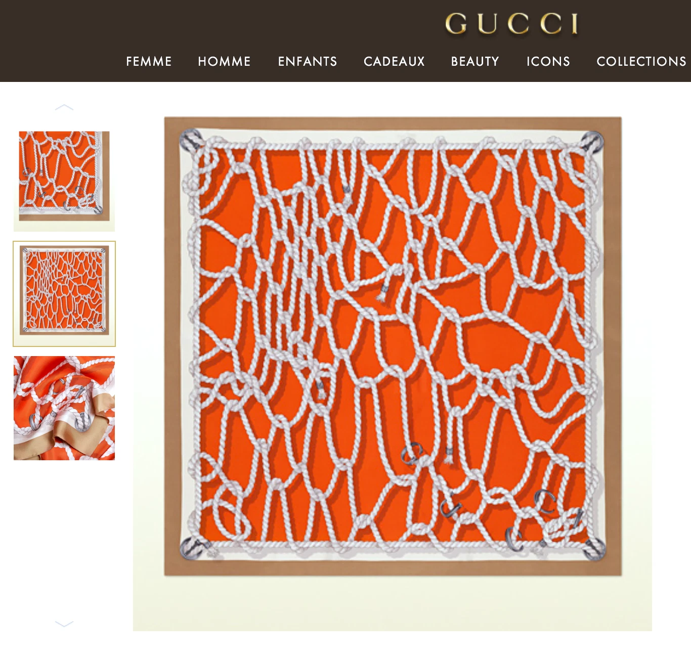 Neuf écharpe unisexe Gucci logo GG cordes orange imprimé bordure beige soie enveloppe