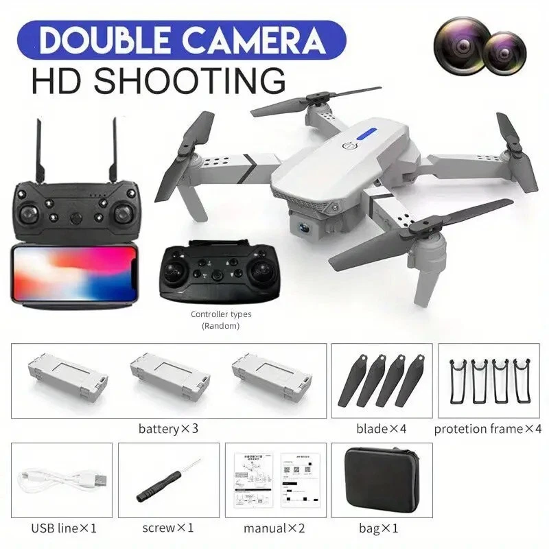 E88 FPV Foldable Drone with HD Camera 3 Batteries(Black/White)  - Image 2 of 4
